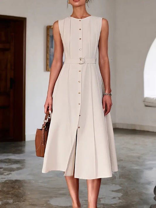 CM-DT115493 Women Elegant Seoul Style Crew Neck Sleeveless Belted Long Dress - Apricot