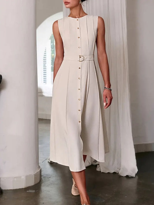 CM-DT115493 Women Elegant Seoul Style Crew Neck Sleeveless Belted Long Dress - Apricot