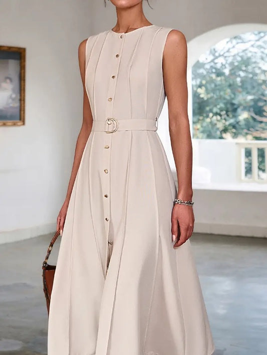 CM-DT115493 Women Elegant Seoul Style Crew Neck Sleeveless Belted Long Dress - Apricot