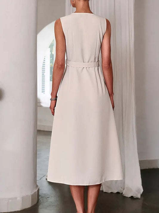 CM-DT115493 Women Elegant Seoul Style Crew Neck Sleeveless Belted Long Dress - Apricot