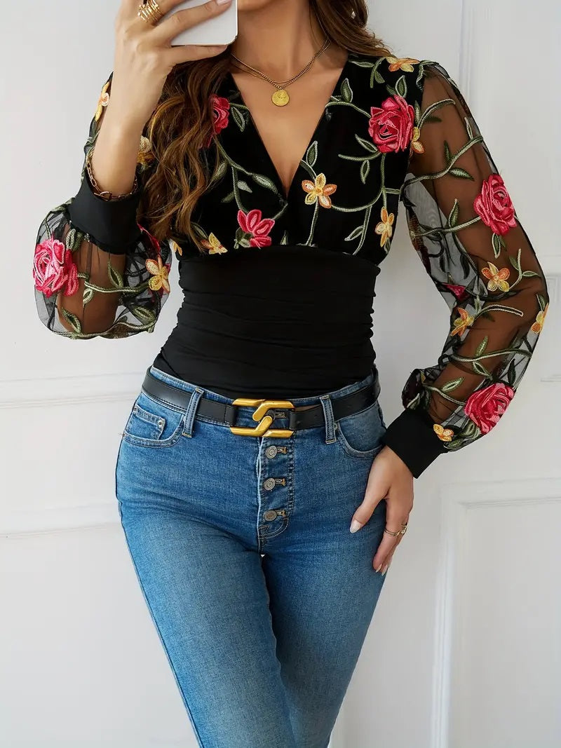 CM-TT047181 Women Casual Seoul Style Floral Embroidered V Neck Ruched Blouse - Black
