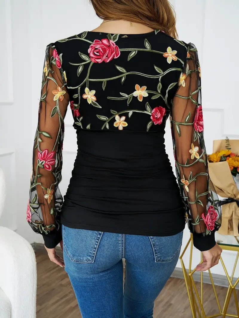CM-TT047181 Women Casual Seoul Style Floral Embroidered V Neck Ruched Blouse - Black