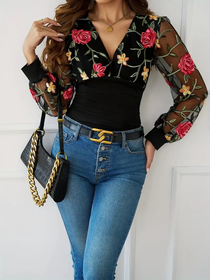 CM-TT047181 Women Casual Seoul Style Floral Embroidered V Neck Ruched Blouse - Black