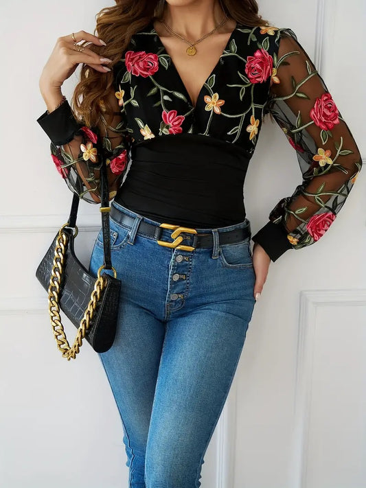 CM-TT047181 Women Casual Seoul Style Floral Embroidered V Neck Ruched Blouse - Black