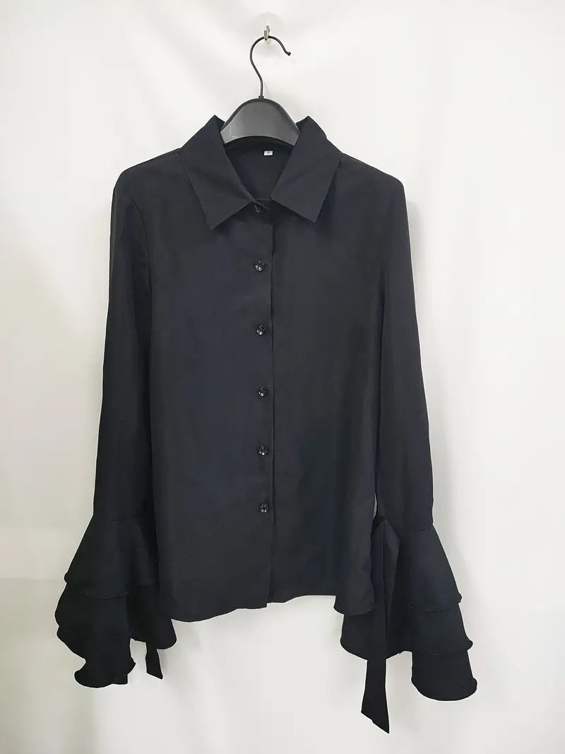 CM-TT032685 Women Elegant Seoul Style Lapel Neckline Layered Flare Sleeve Blouse - Black