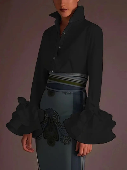 CM-TT032685 Women Elegant Seoul Style Lapel Neckline Layered Flare Sleeve Blouse - Black