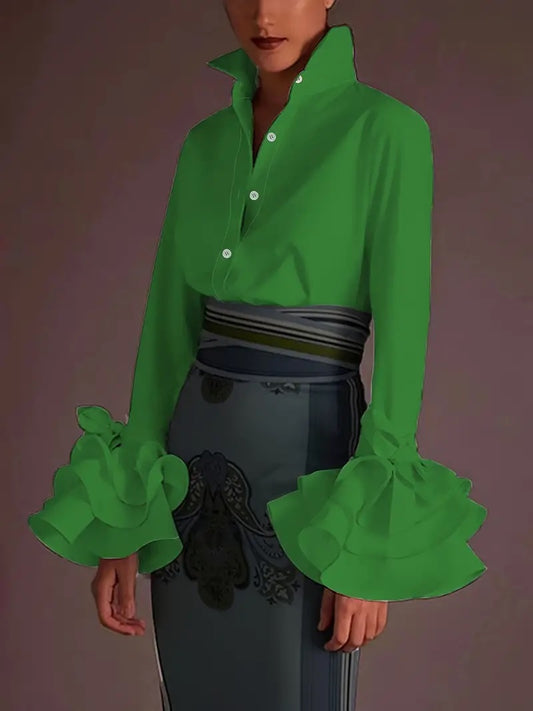 CM-TT032685 Women Elegant Seoul Style Lapel Neckline Layered Flare Sleeve Blouse - Green