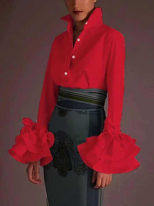 CM-TT032685 Women Elegant Seoul Style Lapel Neckline Layered Flare Sleeve Blouse - Red