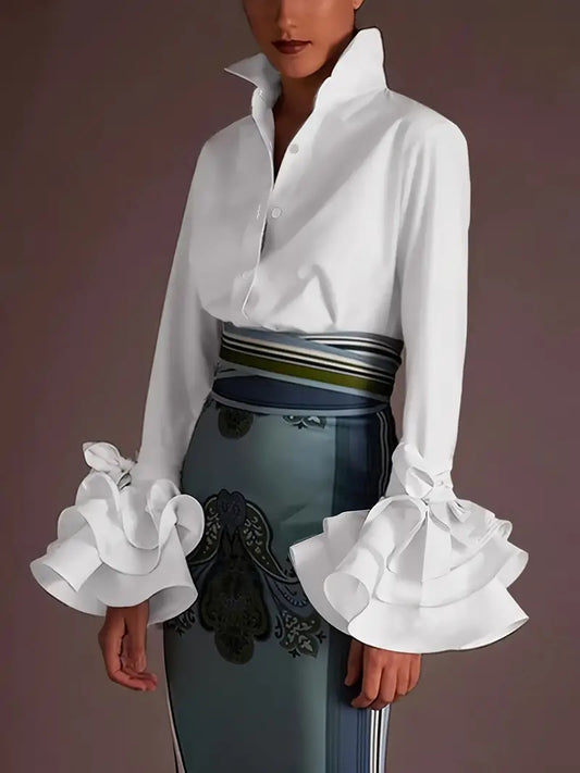 CM-TT032685 Women Elegant Seoul Style Lapel Neckline Layered Flare Sleeve Blouse - White