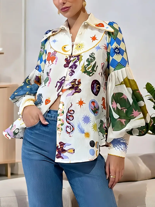 CM-TT879965 Women Trendy Bohemian Style Floral Print Button-Up Bell Sleeves Blouse - Apricot