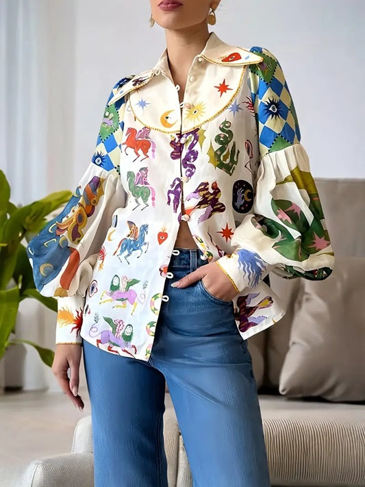 CM-TT879965 Women Trendy Bohemian Style Floral Print Button-Up Bell Sleeves Blouse - Apricot