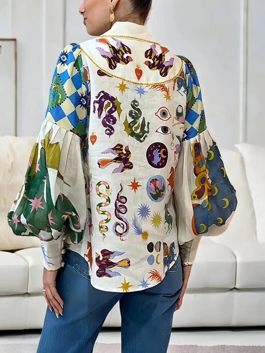 CM-TT879965 Women Trendy Bohemian Style Floral Print Button-Up Bell Sleeves Blouse - Apricot