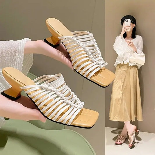 CM-SHE950316 Women Trendy Seoul Style Chunky Low Heel Slip-On Braided Straps Shoes (Available in 2 colors)