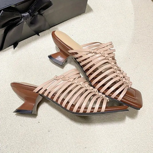CM-SHE950316 Women Trendy Seoul Style Chunky Low Heel Slip-On Braided Straps Shoes (Available in 2 colors)