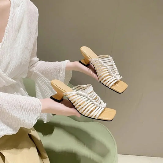 CM-SHE950316 Women Trendy Seoul Style Chunky Low Heel Slip-On Braided Straps Shoes (Available in 2 colors)