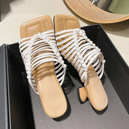 CM-SHE950316 Women Trendy Seoul Style Chunky Low Heel Slip-On Braided Straps Shoes (Available in 2 colors)