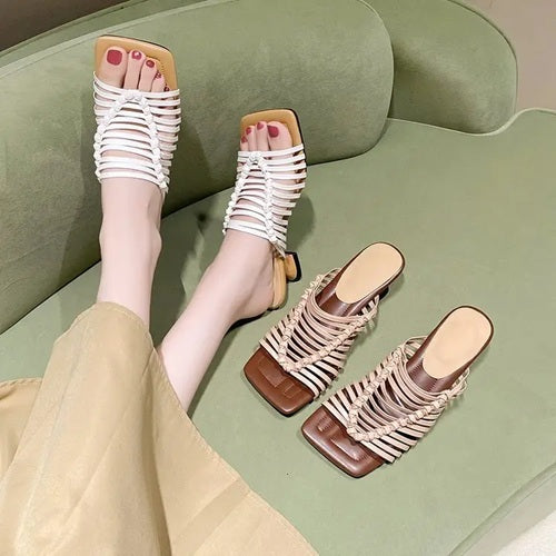 CM-SHE950316 Women Trendy Seoul Style Chunky Low Heel Slip-On Braided Straps Shoes (Available in 2 colors)