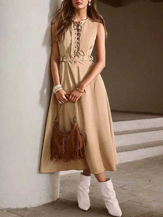 CM-DT020977 Women Casual Seoul Style Round Neck Sleeveless Tie Waist Detail Long Dress - Khaki