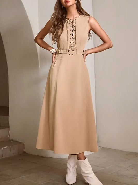 CM-DT020977 Women Casual Seoul Style Round Neck Sleeveless Tie Waist Detail Long Dress - Khaki