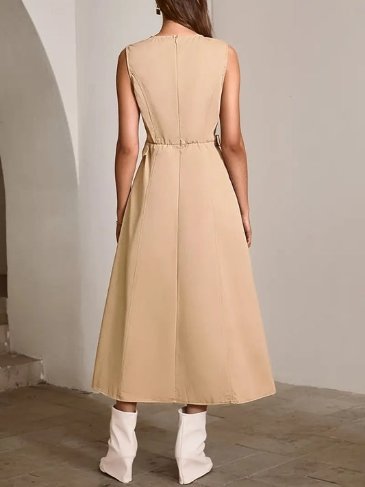 CM-DT020977 Women Casual Seoul Style Round Neck Sleeveless Tie Waist Detail Long Dress - Khaki