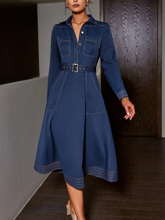 CM-DT279272 Women Elegant Seoul Style Solid Color Lapel Neckline Long Sleeve Midi Dress - Navy Blue