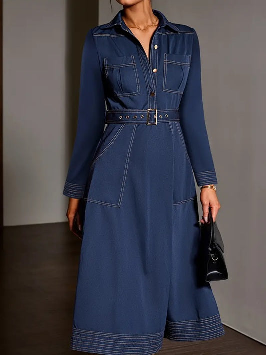CM-DT279272 Women Elegant Seoul Style Solid Color Lapel Neckline Long Sleeve Midi Dress - Navy Blue