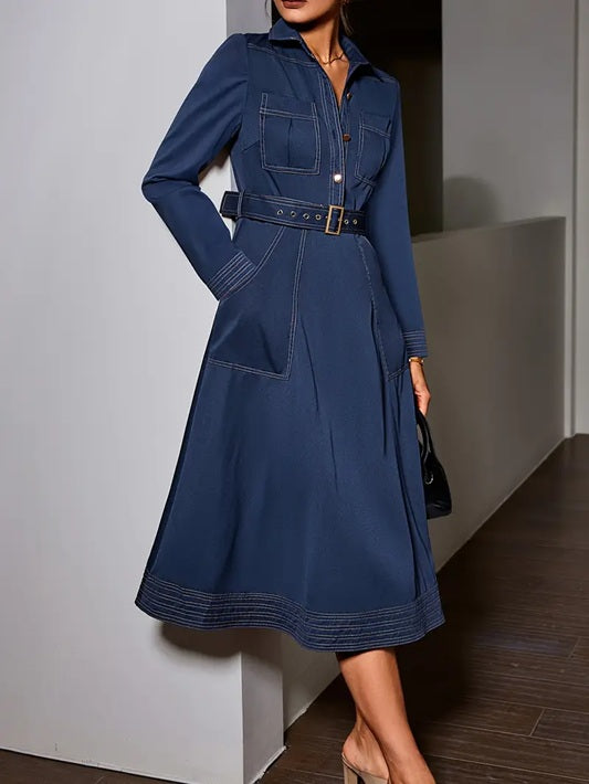 CM-DT279272 Women Elegant Seoul Style Solid Color Lapel Neckline Long Sleeve Midi Dress - Navy Blue
