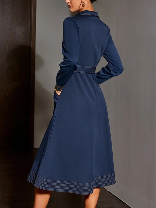 CM-DT279272 Women Elegant Seoul Style Solid Color Lapel Neckline Long Sleeve Midi Dress - Navy Blue