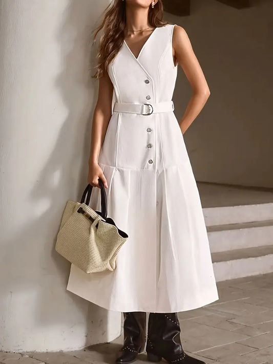 CM-DT566848 Women Elegant Seoul Style V-Neck Sleeveless Belted Mid-Length Dress - White