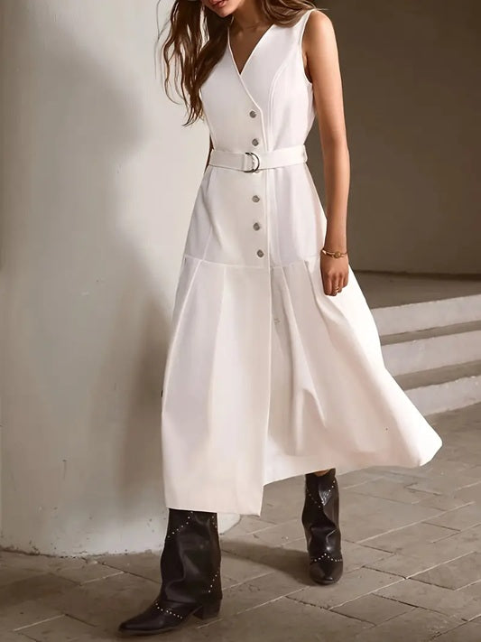 CM-DT566848 Women Elegant Seoul Style V-Neck Sleeveless Belted Mid-Length Dress - White
