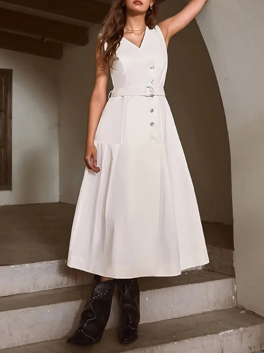 CM-DT566848 Women Elegant Seoul Style V-Neck Sleeveless Belted Mid-Length Dress - White