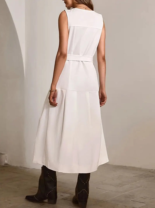 CM-DT566848 Women Elegant Seoul Style V-Neck Sleeveless Belted Mid-Length Dress - White