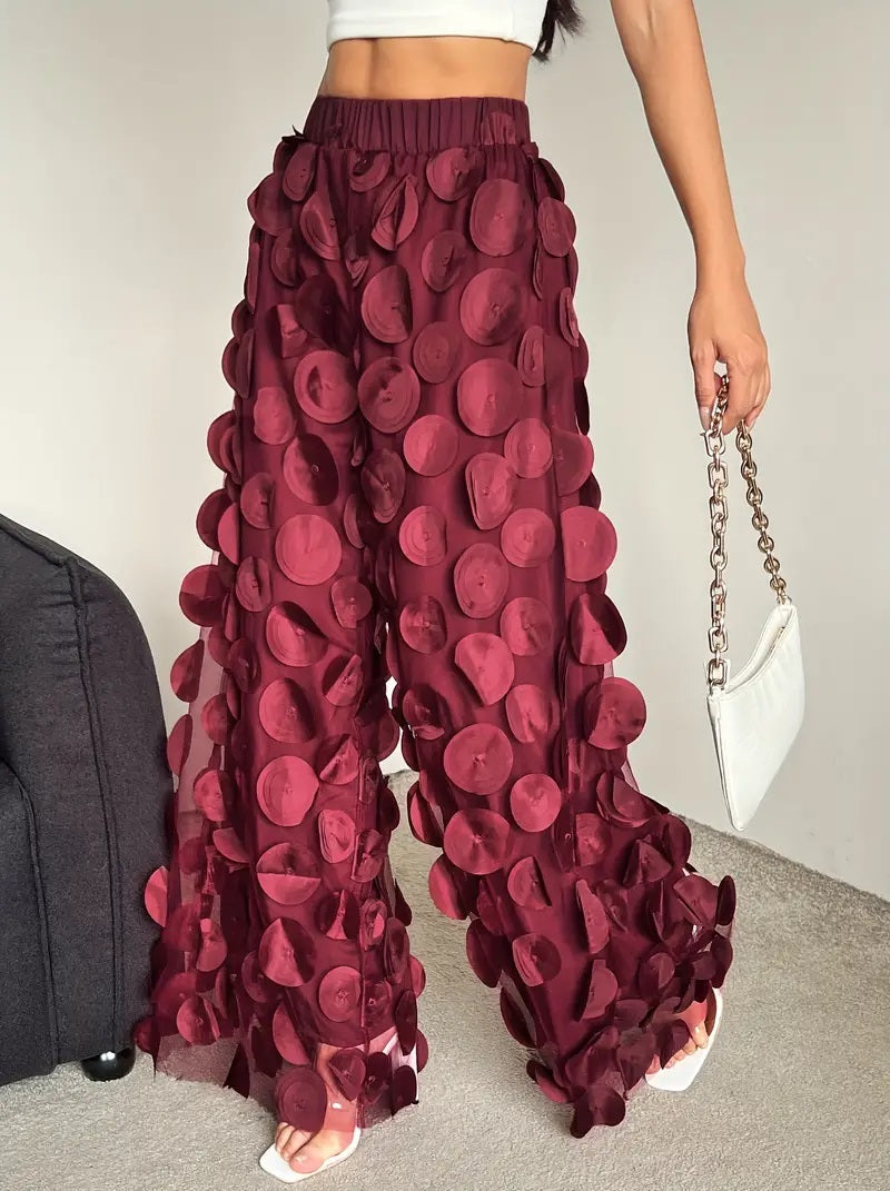 CM-BT044097 Women Elegant Seoul Style Polka Dot Mesh Loose Pants - Burgundy