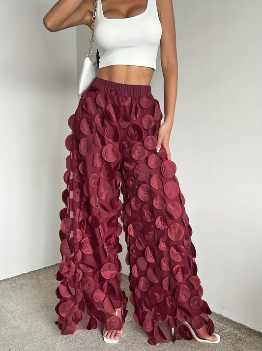 CM-BT044097 Women Elegant Seoul Style Polka Dot Mesh Loose Pants - Burgundy