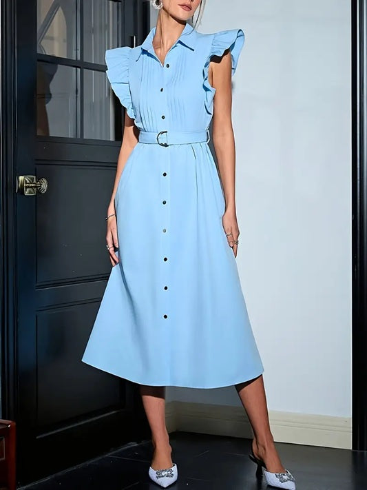 CM-DT639819 Women Elegant Seoul Style Pleats Front Button Closure Sleeveless Ruffled Midi Dress