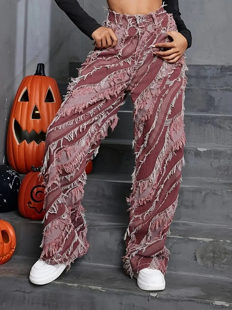 CM-BT027069 Women Trendy Seoul Style Distressed Loose Fit Slant Pockets Wide Legs Jeans
