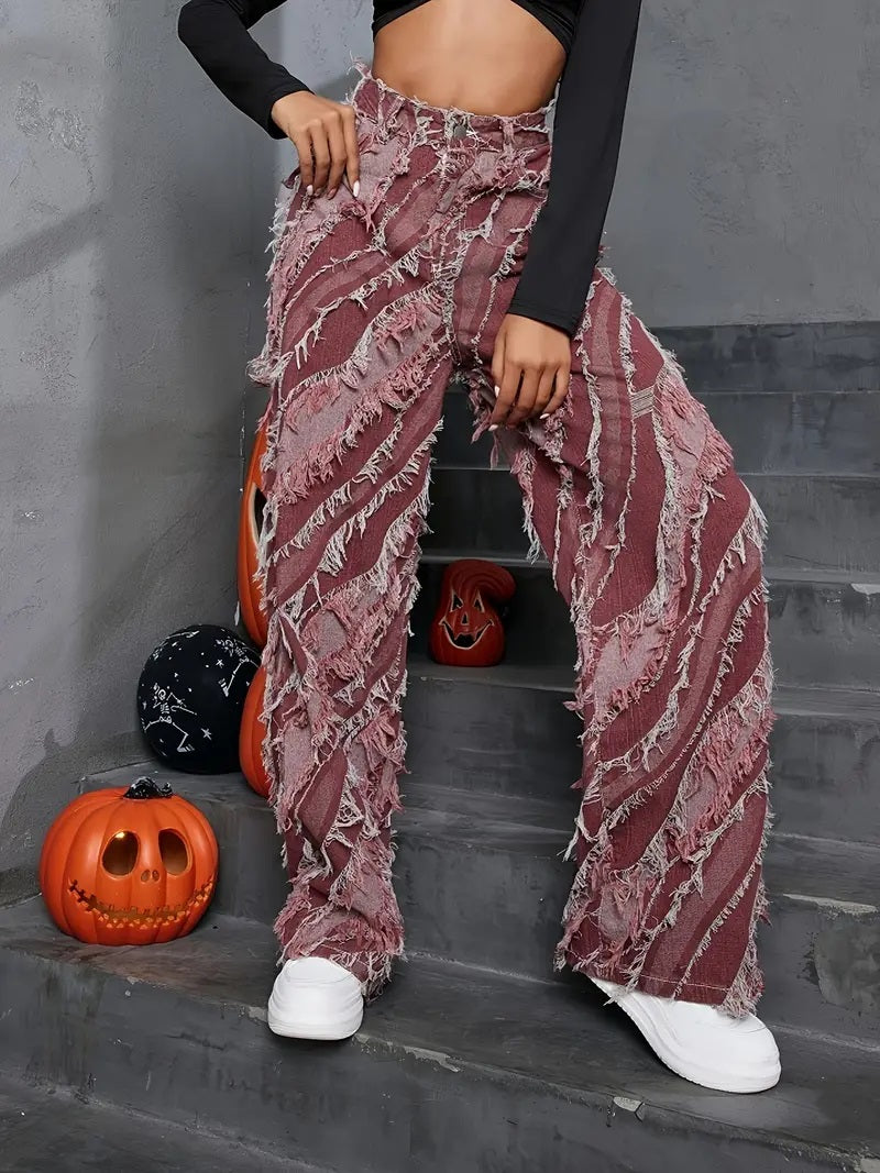 CM-BT027069 Women Trendy Seoul Style Distressed Loose Fit Slant Pockets Wide Legs Jeans