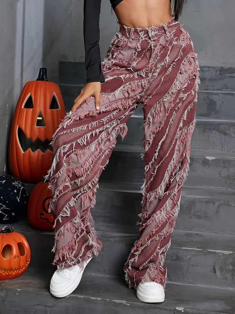 CM-BT027069 Women Trendy Seoul Style Distressed Loose Fit Slant Pockets Wide Legs Jeans