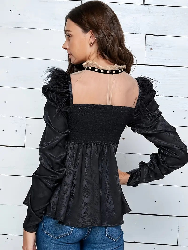 CM-TT105121 Women Casual Seoul Style Bow Front Long Sleeve Splicing Feather Blouse - Black
