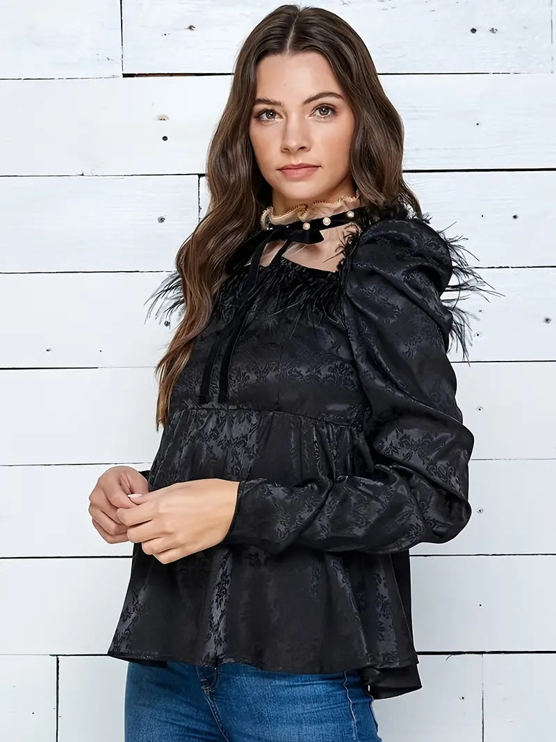 CM-TT105121 Women Casual Seoul Style Bow Front Long Sleeve Splicing Feather Blouse - Black