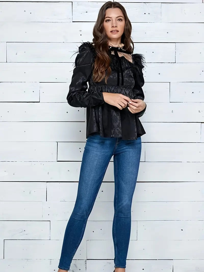 CM-TT105121 Women Casual Seoul Style Bow Front Long Sleeve Splicing Feather Blouse - Black