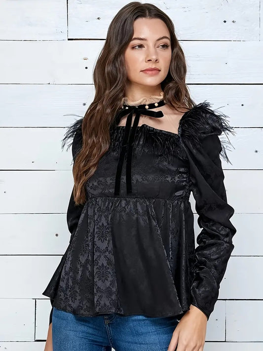 CM-TT105121 Women Casual Seoul Style Bow Front Long Sleeve Splicing Feather Blouse - Black