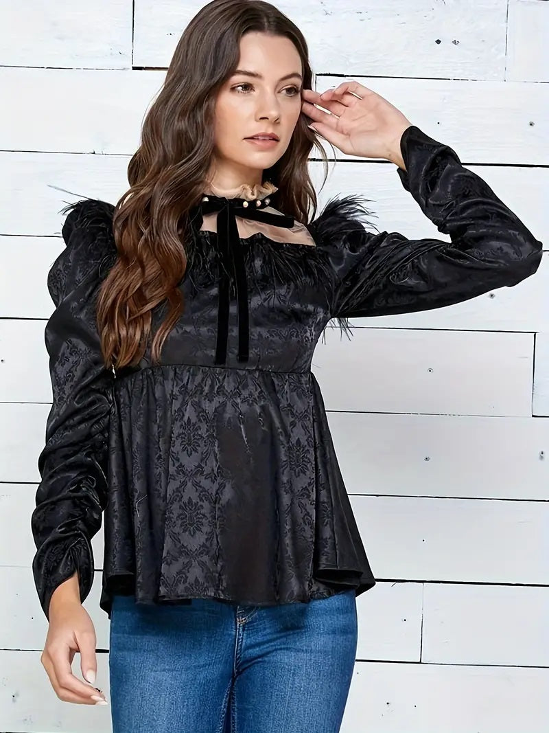 CM-TT105121 Women Casual Seoul Style Bow Front Long Sleeve Splicing Feather Blouse - Black
