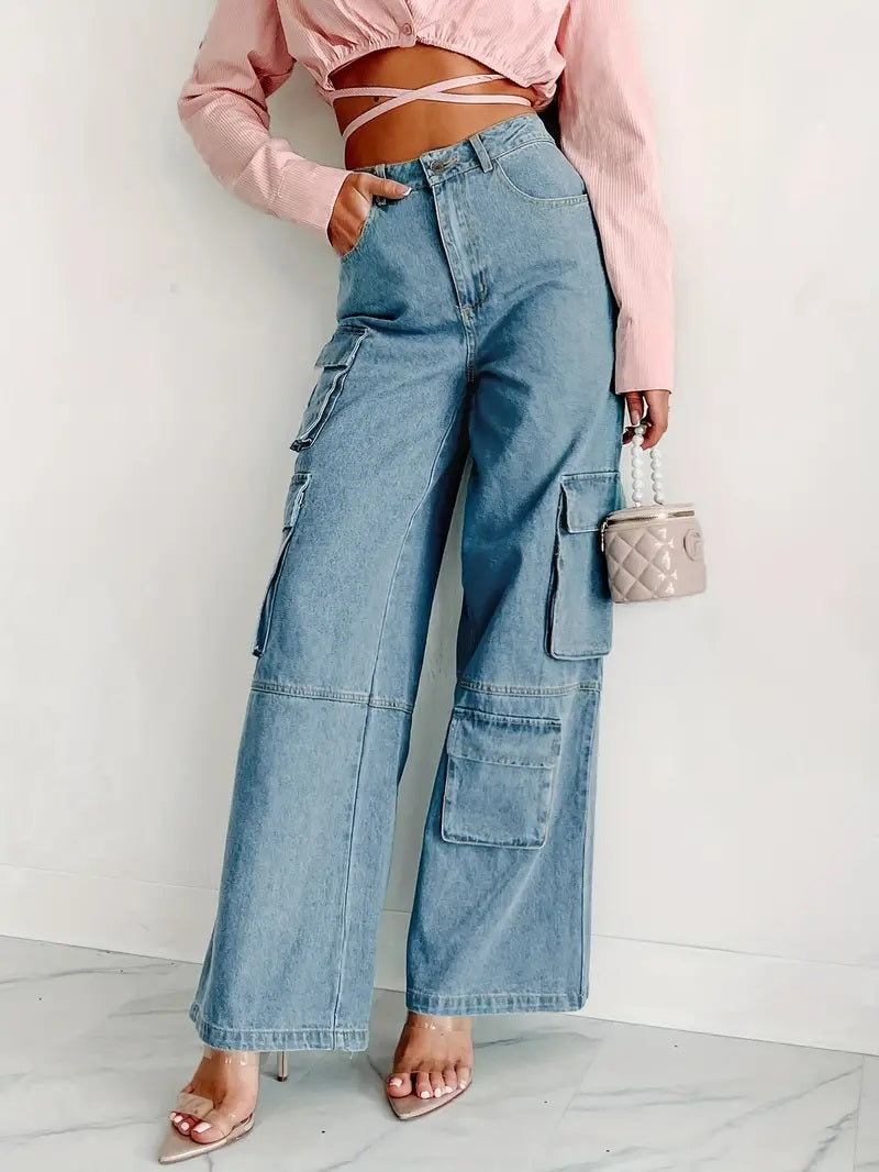 CM-BT085832 Women Casual Seoul Style High Waist Wide Leg Cargo Jeans - Sky Blue