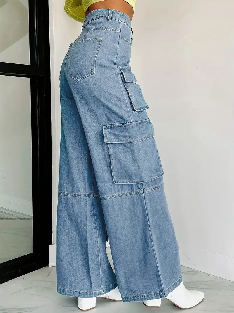 CM-BT085832 Women Casual Seoul Style High Waist Wide Leg Cargo Jeans - Sky Blue