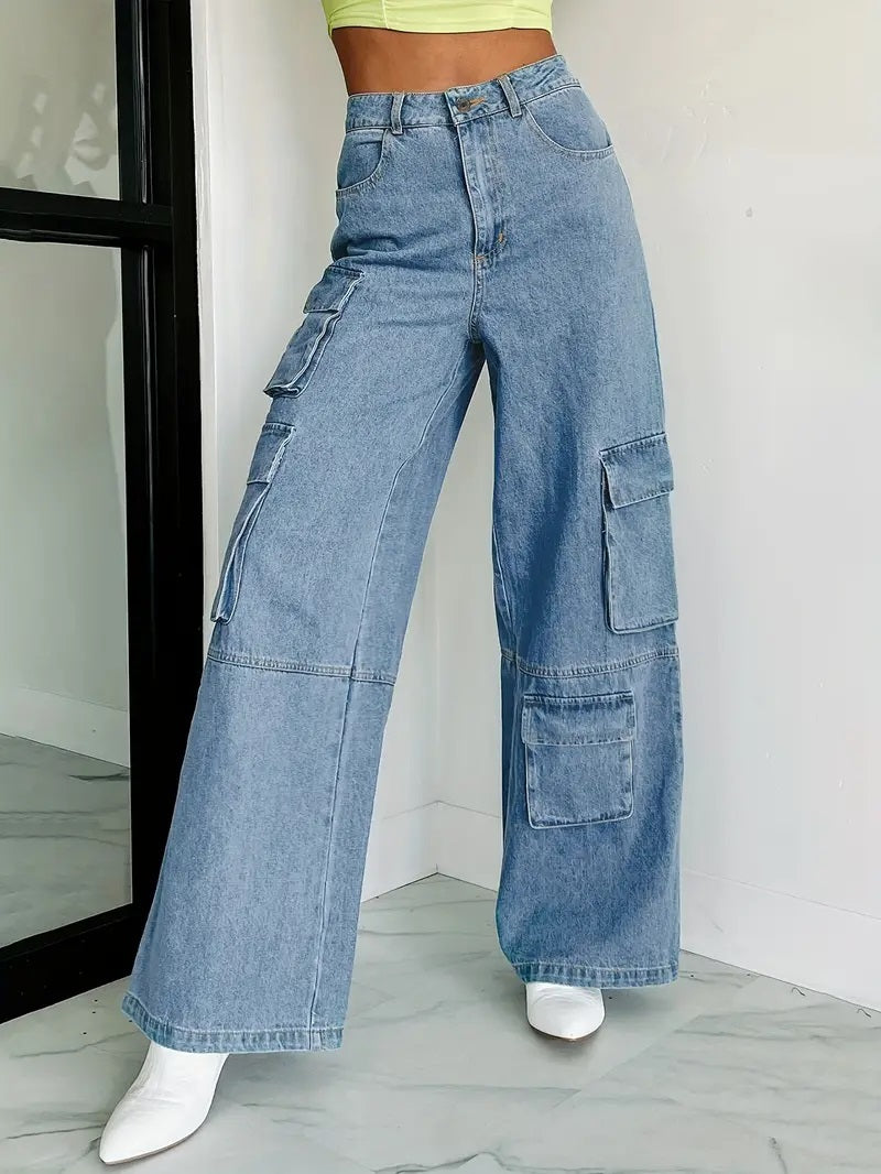 CM-BT085832 Women Casual Seoul Style High Waist Wide Leg Cargo Jeans - Sky Blue