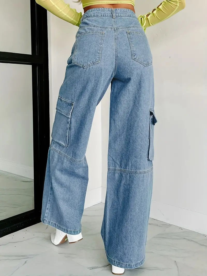 CM-BT085832 Women Casual Seoul Style High Waist Wide Leg Cargo Jeans - Sky Blue