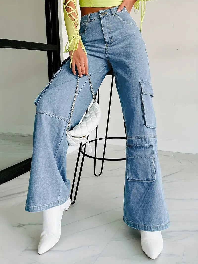 CM-BT085832 Women Casual Seoul Style High Waist Wide Leg Cargo Jeans - Sky Blue