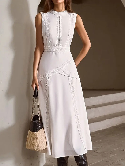 CM-DT359892 Women Elegant Seoul Style Lace-Trimmed Stand Collar Sleeveless Maxi Dress - White