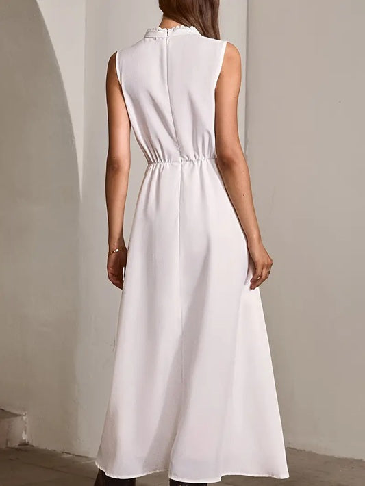 CM-DT359892 Women Elegant Seoul Style Lace-Trimmed Stand Collar Sleeveless Maxi Dress - White
